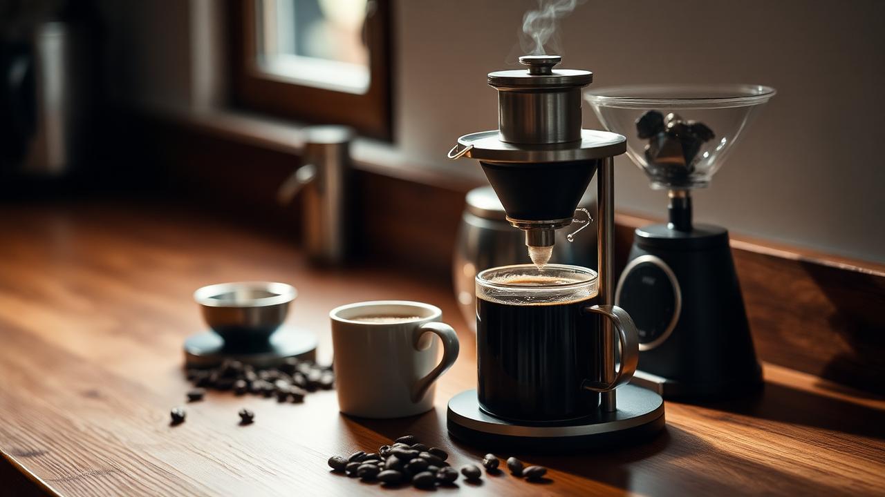An AeroPress coffee maker, mug, scale and roasted beans on a wooden counter in warm window light
