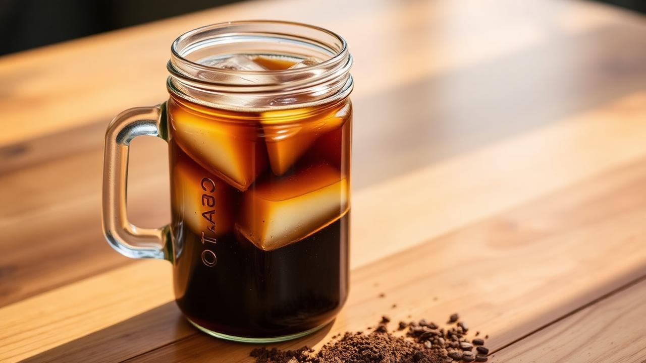 Cold brew coffee in a glass jar with ice cubes and coarse coffee grounds on a wooden table