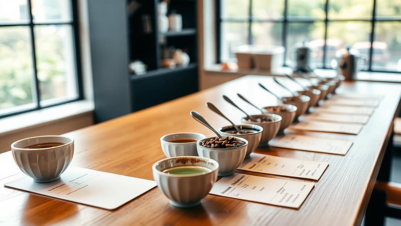 A row of cupping bowls, spoons and scoring sheets laid out on a wooden table in daylight