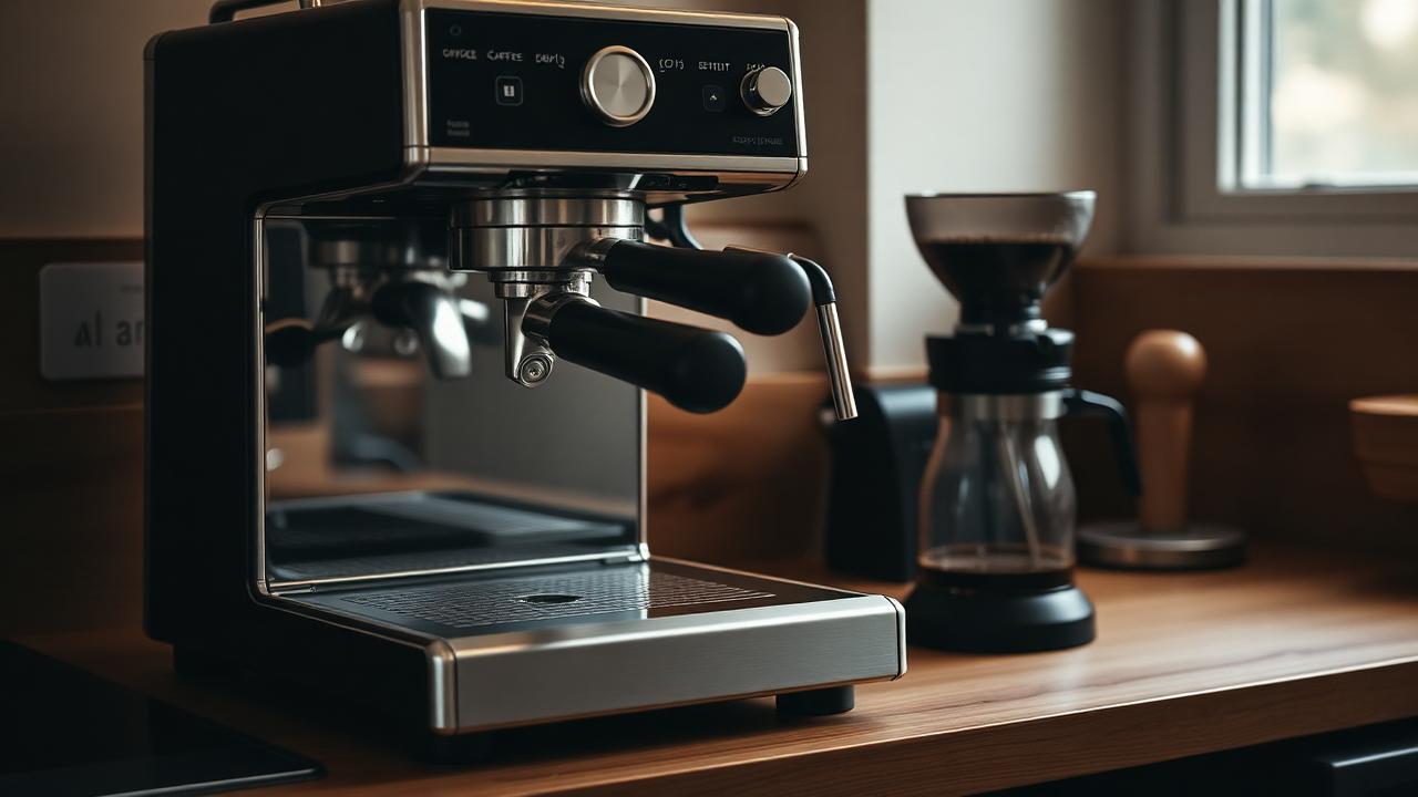 A home espresso machine with portafilter, tamper and grinder on a wooden kitchen counter