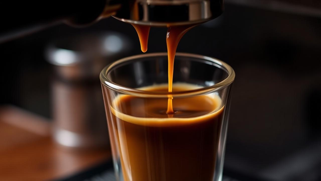 Espresso flowing from a bottomless portafilter into a glass
