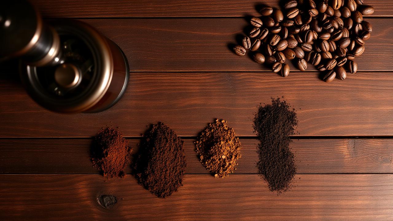 Four piles of coffee grounds at different grind sizes beside a hand grinder and roasted beans
