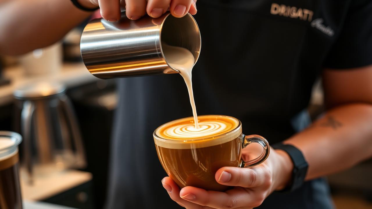 A barista pouring steamed milk into an espresso cup, forming a rosetta latte art pattern
