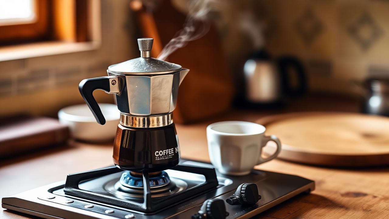 A stovetop moka pot brewing on a gas flame beside a small cup in a rustic kitchen