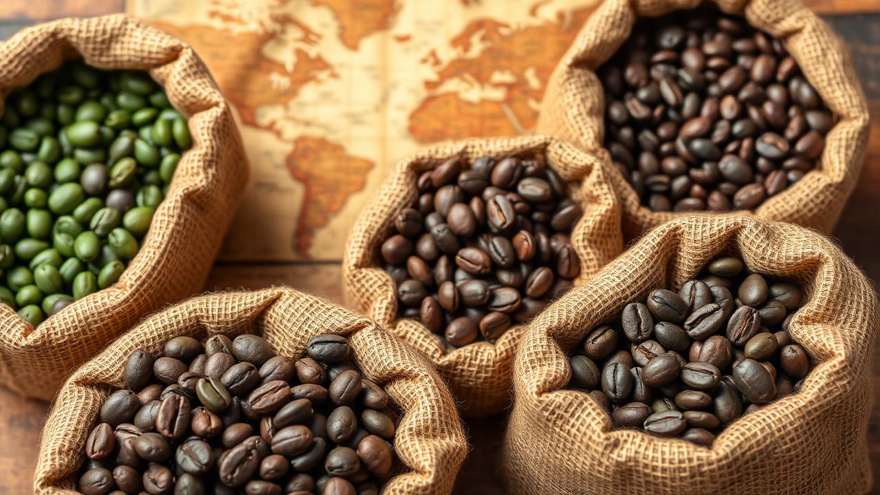 Burlap sacks of green and roasted coffee beans from different origins beside a blurred antique world map