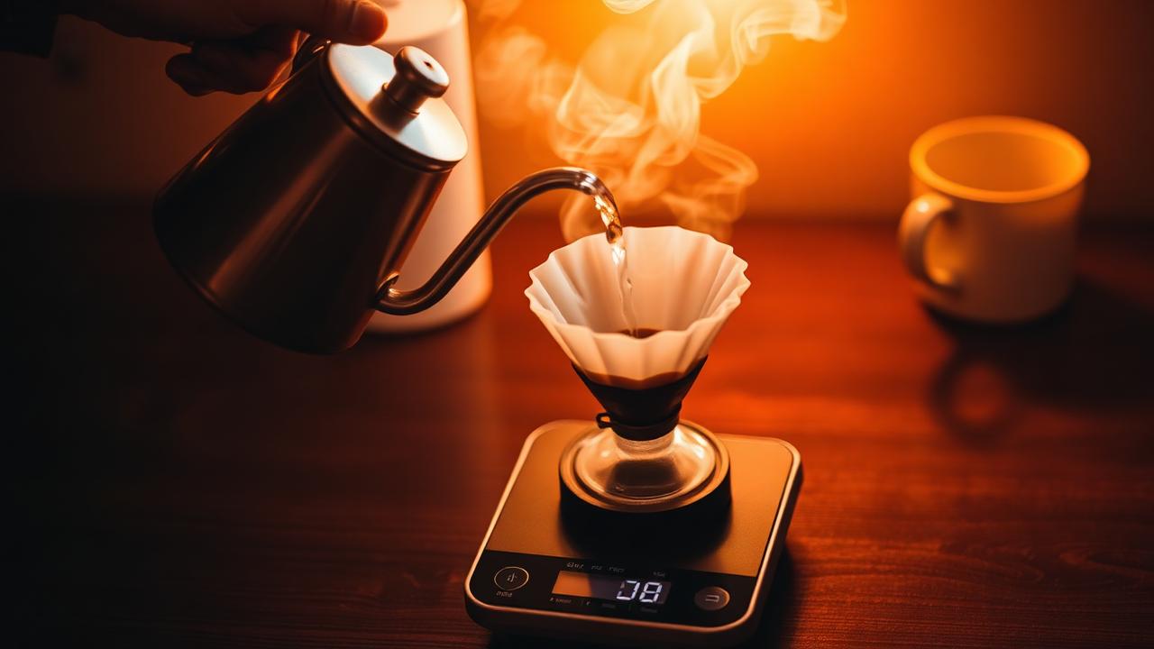 Water poured from a gooseneck kettle into a V60 dripper on a scale