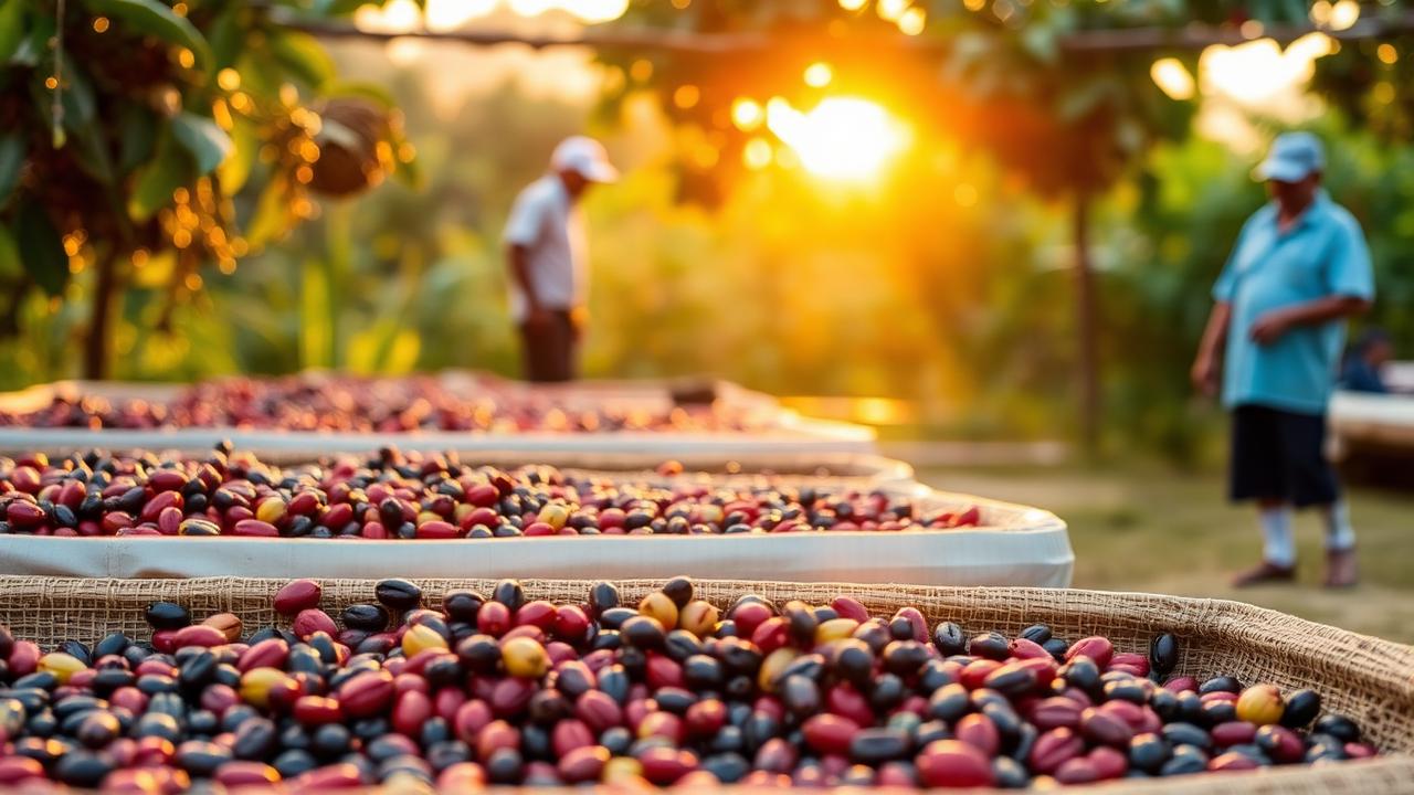Coffee cherries drying on raised beds at a farm at golden hour