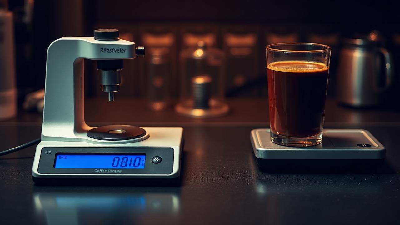 A coffee refractometer and a digital scale with a glass of brewed coffee on a dark bench