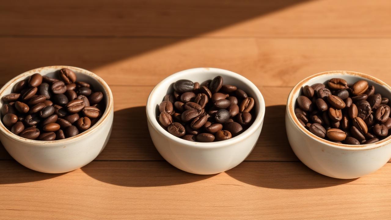 Bowls of coffee beans showing light to dark roast levels side by side on rustic wood