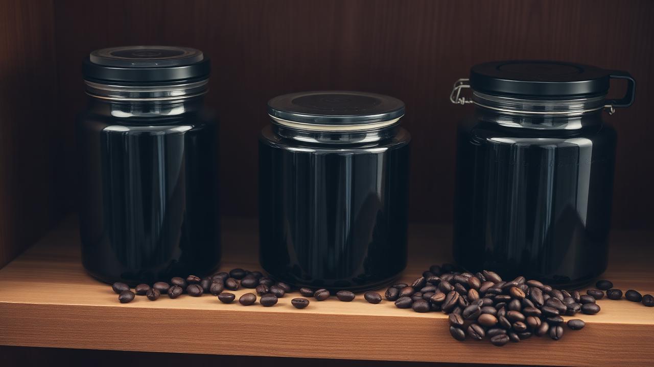 Airtight dark storage canisters and scattered roasted coffee beans on a warm wooden shelf
