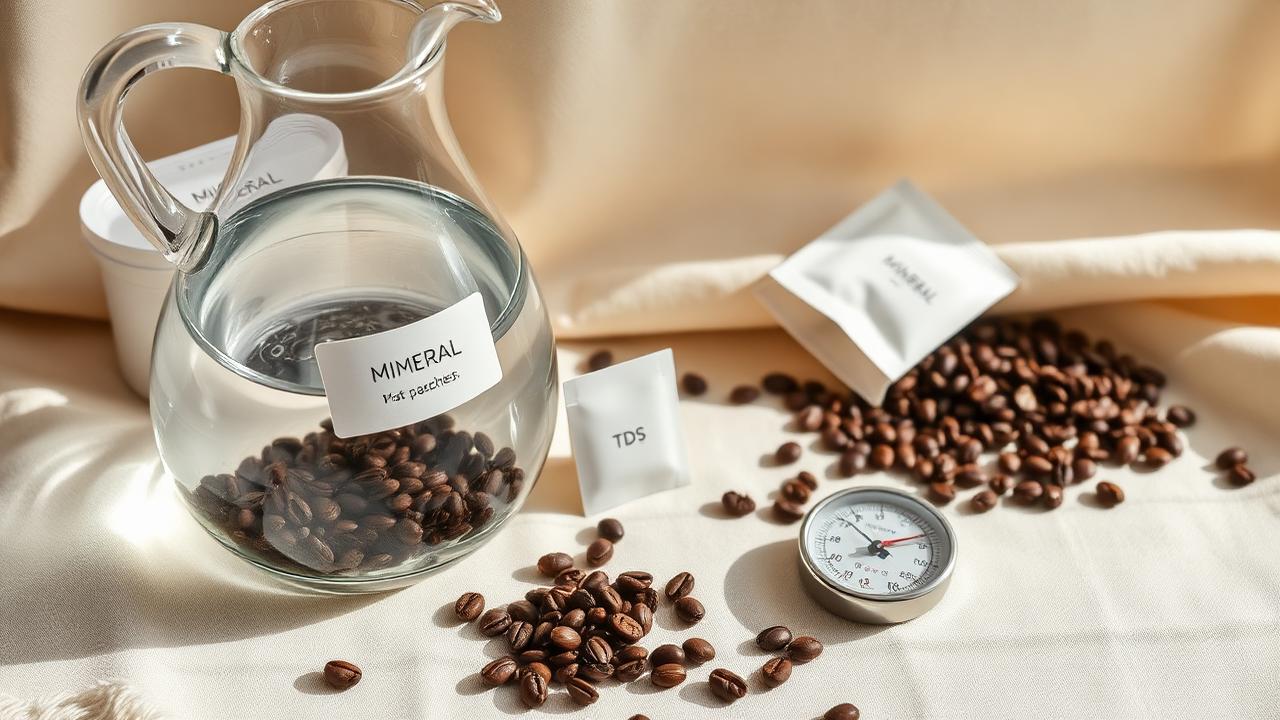 Carafe of water, mineral sachets and a TDS meter beside coffee beans